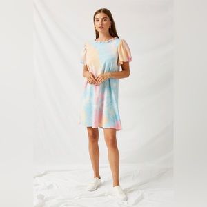 Ruffle Tye Dye Puff Sleeve Shirt Dress